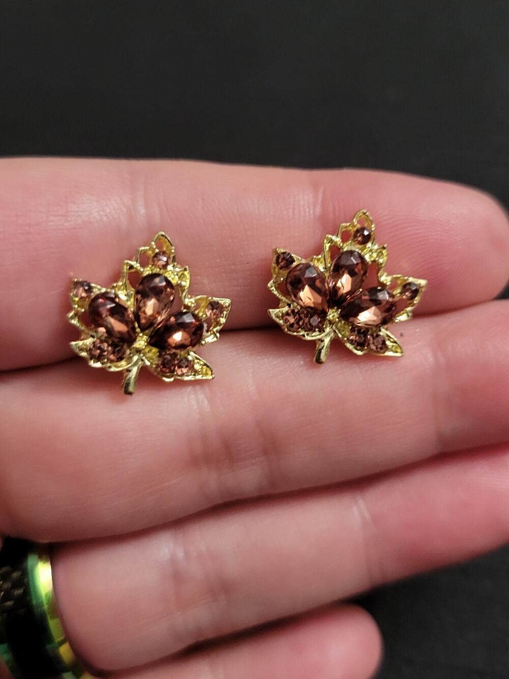 Autumn fall maple leaf rhinestonee crystal post earrings